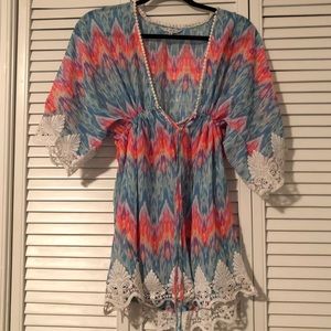 Blue island cover up, tye dye multi color w/ lace